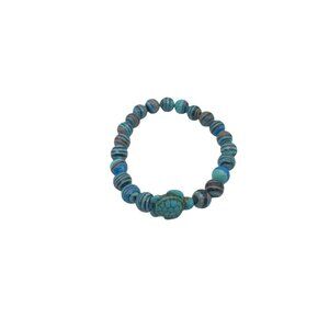 Turquoise Beaded Bracelet With Turtle Charm Stretch Design Elastic
